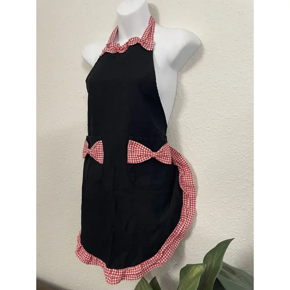 Princess Bib Apron Smock Plaid Frill Bow Pockets Maid Waitress Work